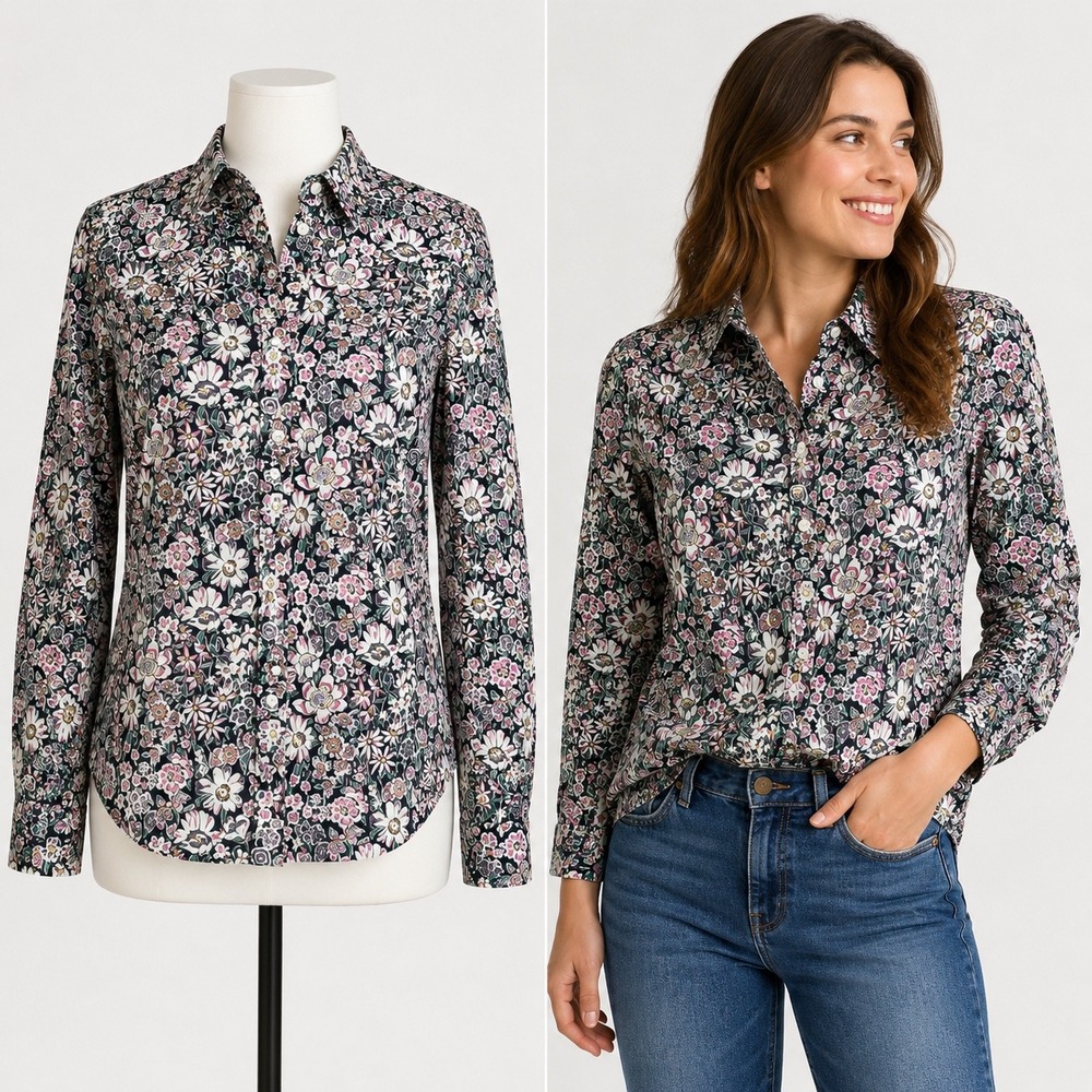 J.Crew Button Down Women 12 Black Pink Floral Liberty Fabric Long Sleeve Shirt
